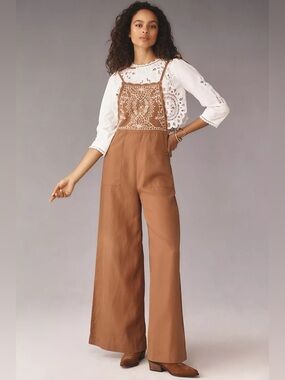 By Anthropologie Embroidered Linen Overalls